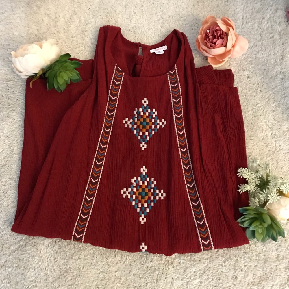 Maroon Midi Tribal Boho Dress (NWOT)